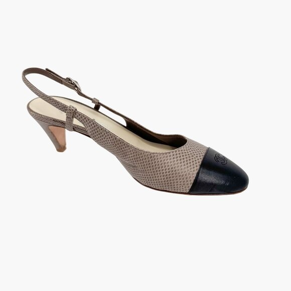 Chanel CC Cap Toe Slingback Kitten Pumps Heels Taupe Leather Size 38 US 7-7.5 - Picture 11 of 16